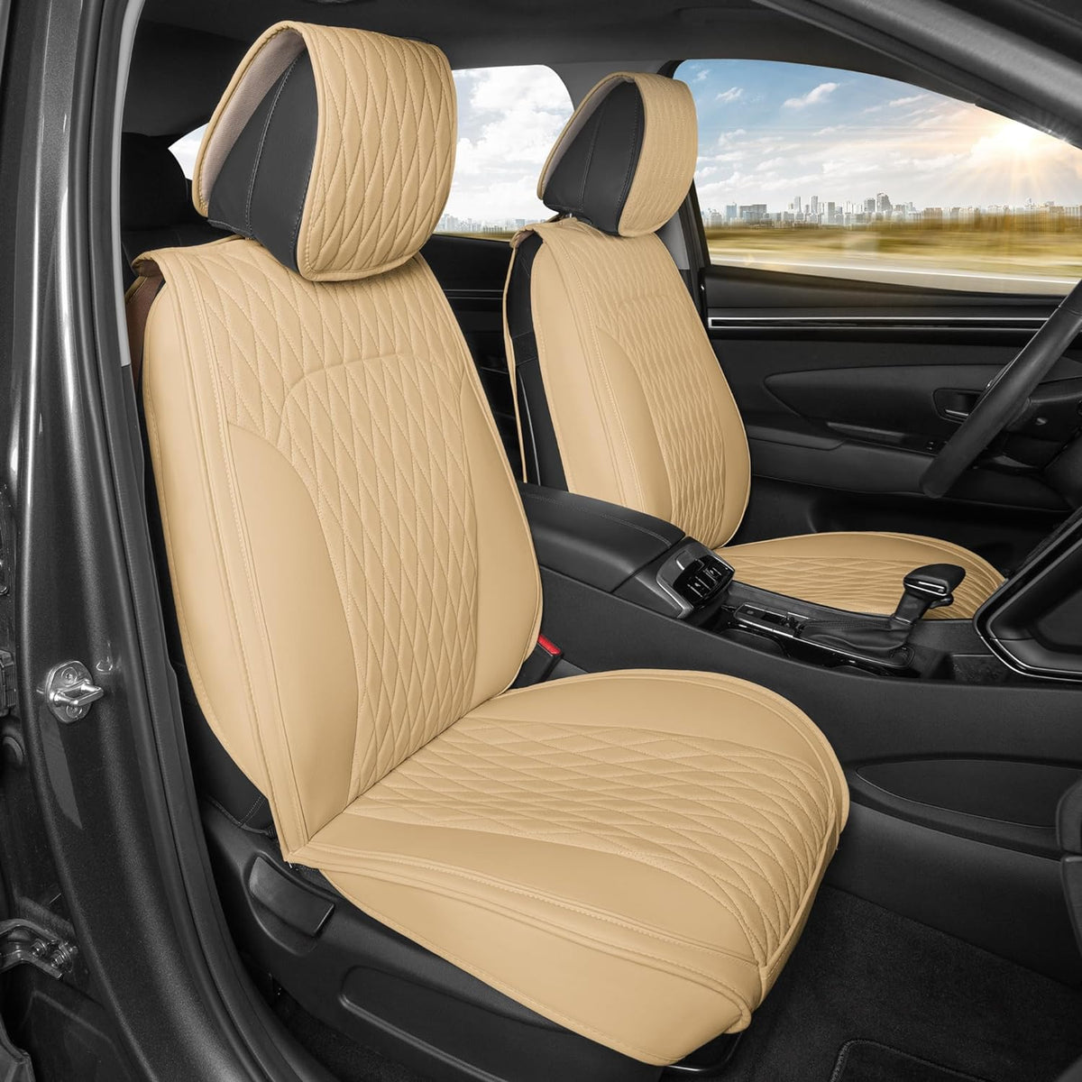 Car Seat Covers - DiamondLux Edition Premium Faux Leather Seat Protectors - Double Cross Stitched Cushioned Automotive Accessories for Trucks, SUVs, Cars - Front Seat Set