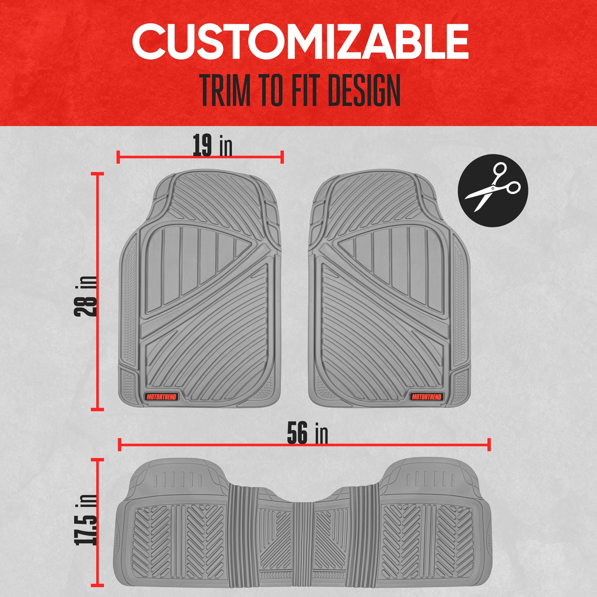 MotorTrend 3-Piece FlexTough Performance Deep Channel Front Floor Mats and Rear Floor Mat - Heavy Duty, All Weather, Trim to Fit