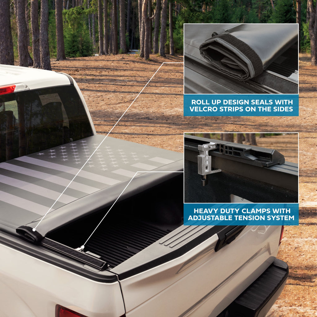 MotorBox USA Black American Flag Soft Roll-Up Retractable Tonneau Cover for Ram 1500 (2002 - 2023), Ram 2500 (2003 - 2020), Ram 3500 (2003 - 2020) - 6.4' bed