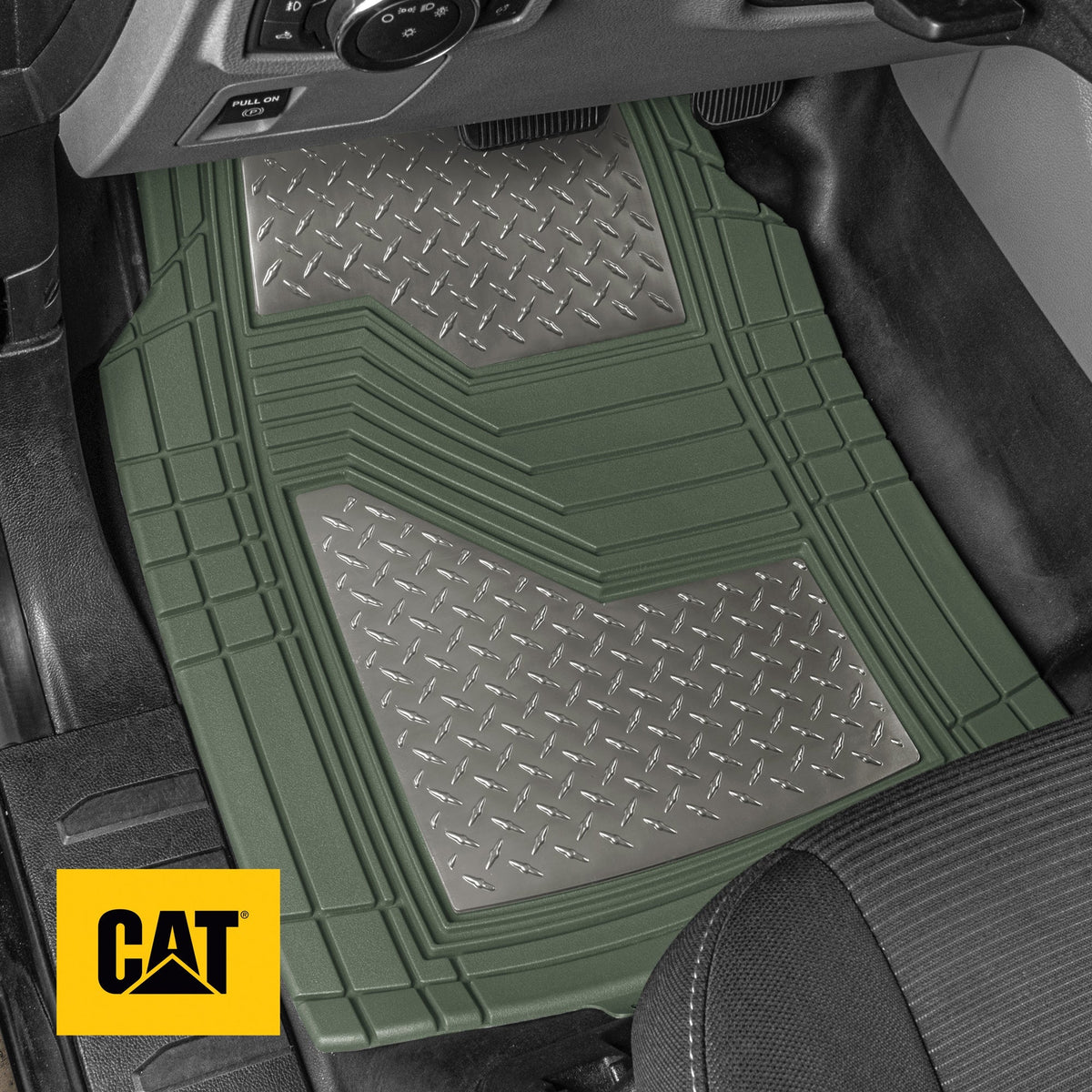 CAT 4-Piece Two-Tone Metallic-Look Front Floor Mats and Rear Floor Mats - Heavy Duty, All Weather, Trim to Fit