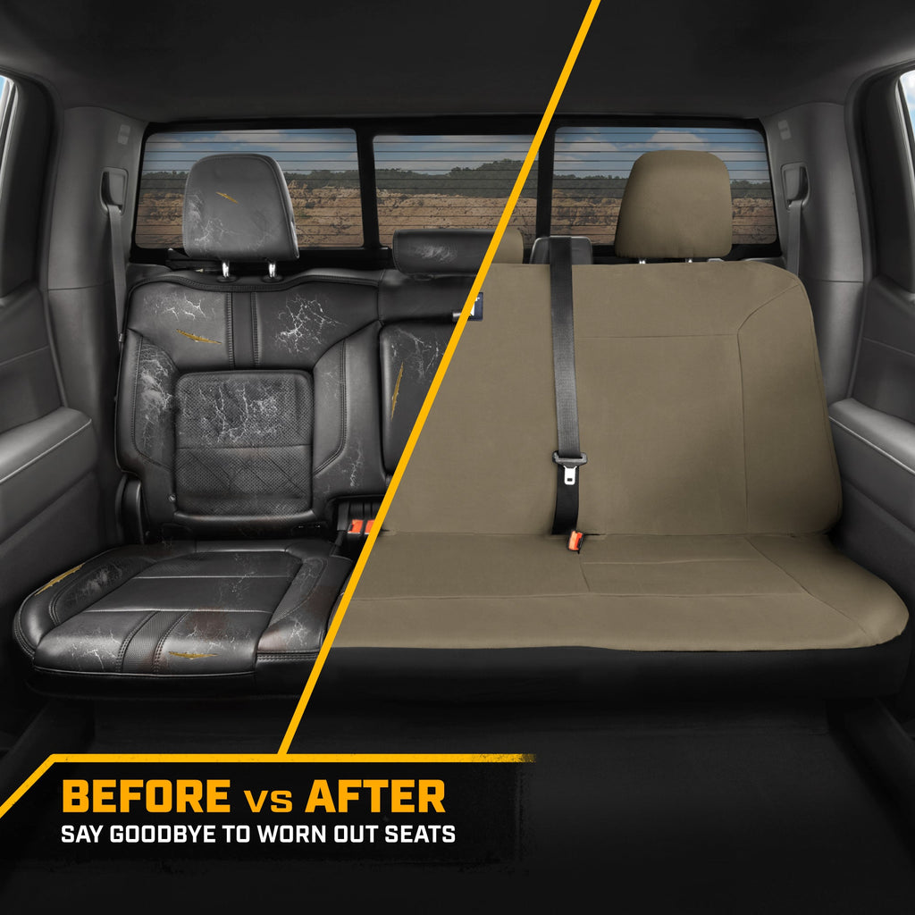 CAT Beige Rear Seat Cover for Trucks, Cars & SUVs – Heavy-Duty Oxford Canvas – 60/40 Split Bench Protector – Durable Back Seat Cover for Work Trucks, Pets, Travel – Car & Truck Interior Accessory
