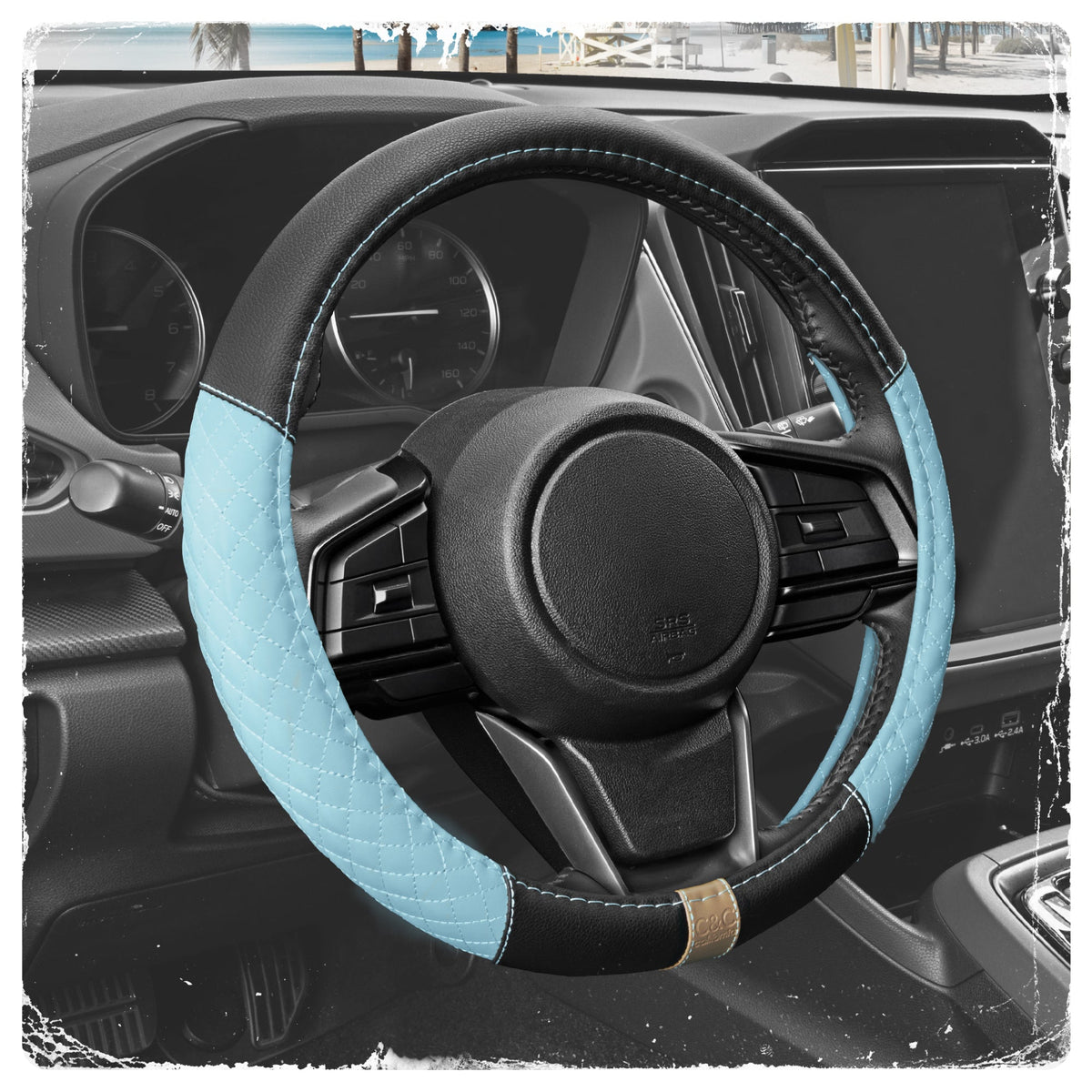 C&C California Car Steering Wheel Cover Blue Diamond Quilt, Non Slip Leather Steering Wheel Cover for Women Men, Cute Comfortable Soft Easy Installation Universal Fit (Fits 14.5"-15.5" Inches)