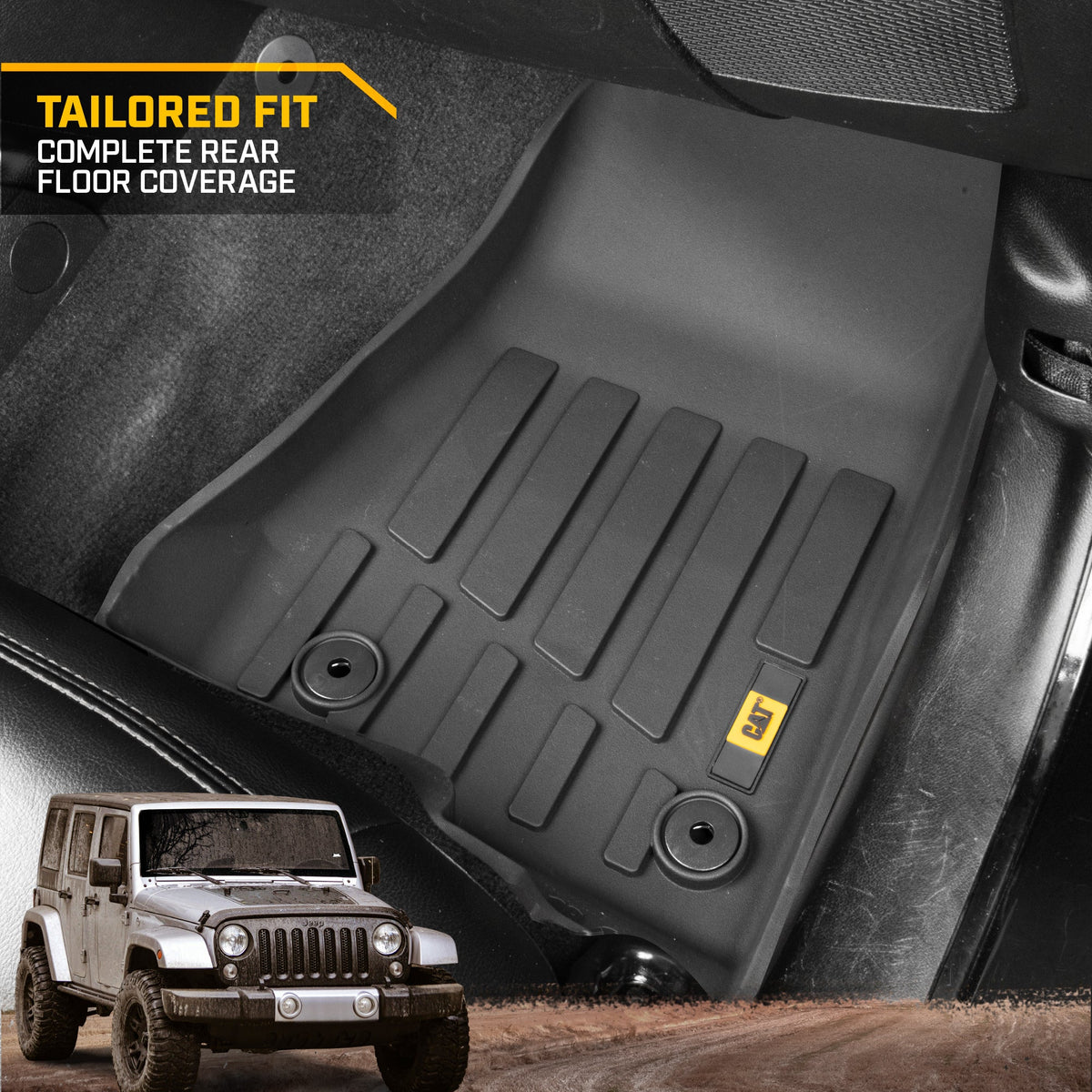 CAT 3-Piece JustFit 3D Floor Liner Mats for Jeep Wrangler 4WD (2018 - 2026) - All Weather, Heavy Duty, Custom Fit