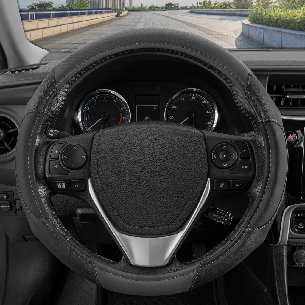 MotorTrend GripDrive Carbon Fiber Weave Ergonomic Grip Steering Wheel Cover (Fits 14.5" - 15.5") - Gray