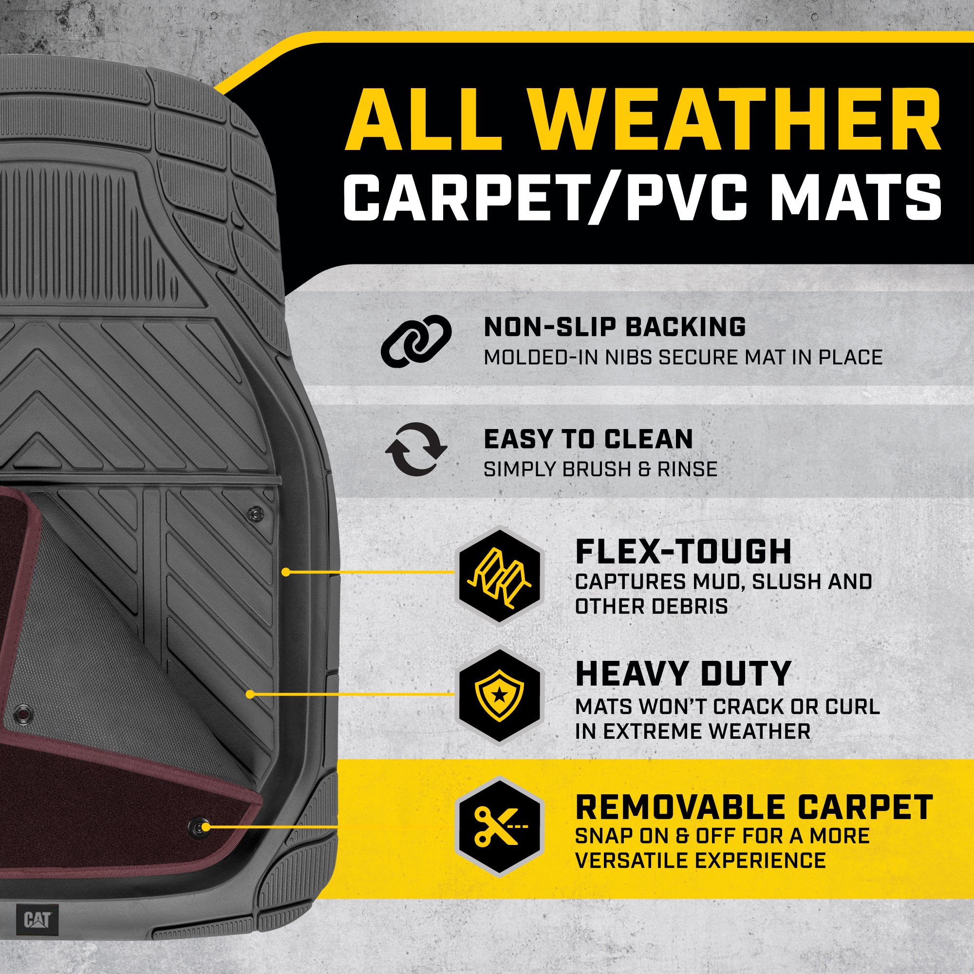 CAT 4-Piece Detachable Carpet Deep Dish Front Floor Mats and Rear Floor Mats - Heavy Duty, All Weather, Trim to Fit