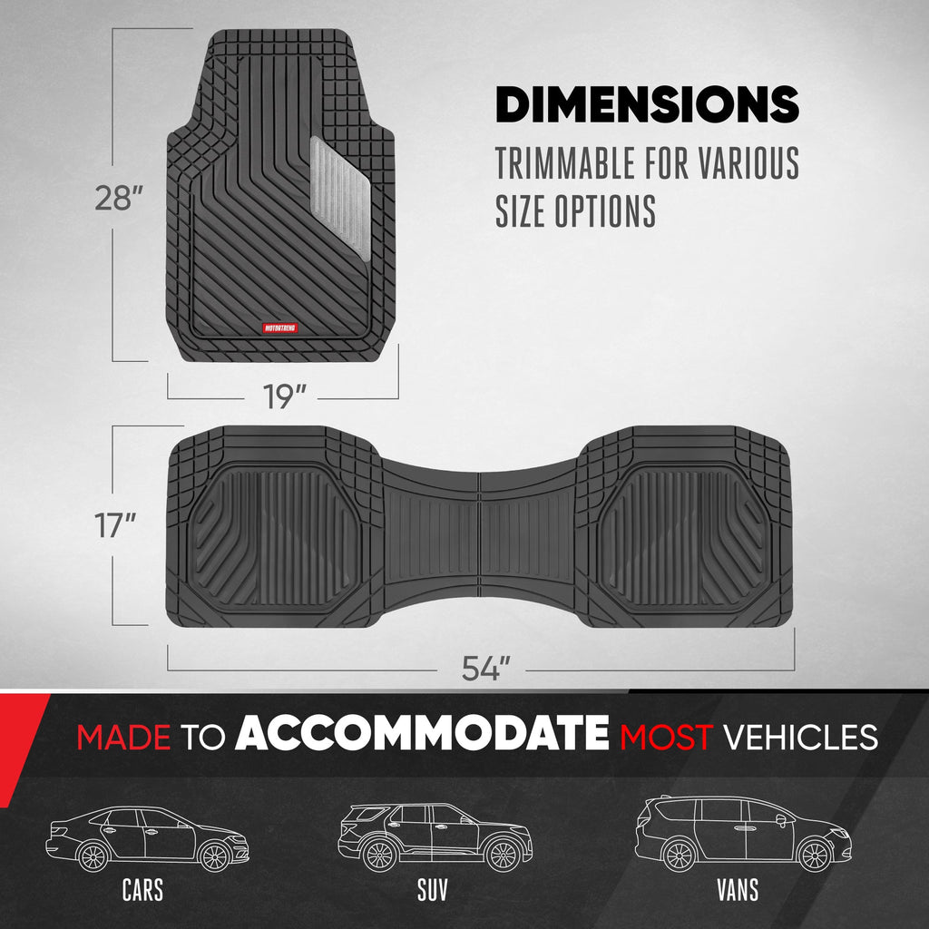 Motor Trend MetallicGuard Car Floor Mats Full Set - Durable Rubber Floor Mats with Silver Metallic Heel Pad, All-Weather Interior Protection for Front and Rear with Non-Slip Backing --Alias 638721182349977102
