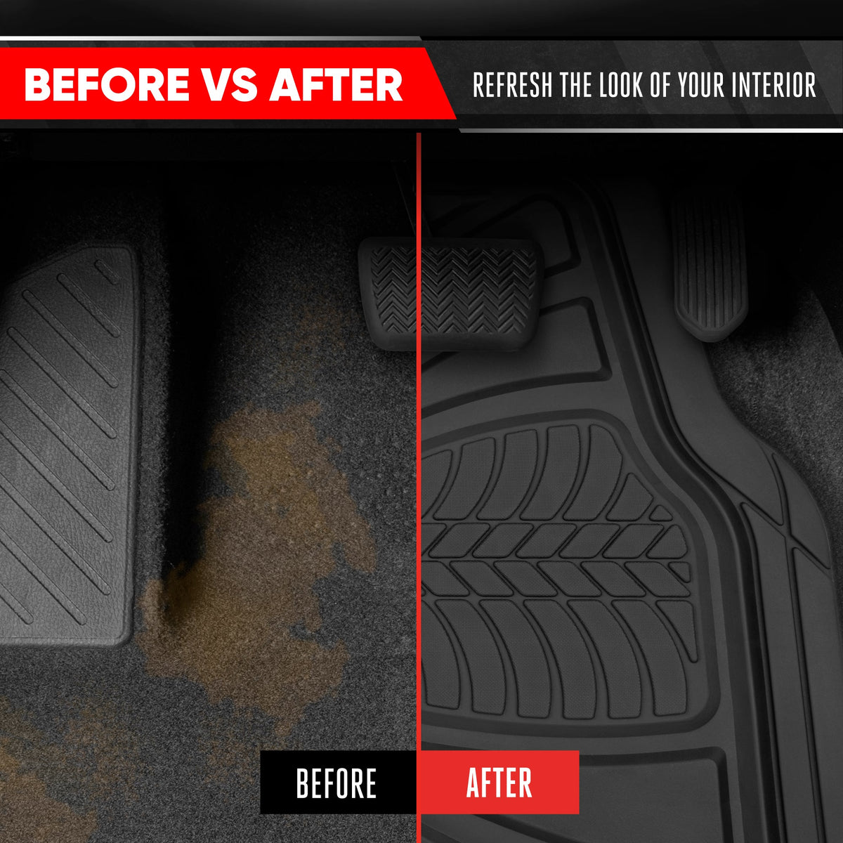 Motor Trend FlexTough Guard All-Weather Floor Mats for Cars – Black Waterproof Rubber Floor Mats, Universal Trim-to-Fit Automotive Accessories for Cars, Trucks & SUV