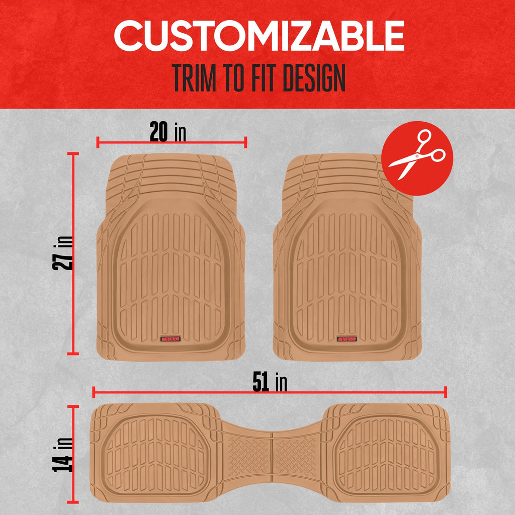MotorTrend 3-Piece FlexTough Deep Dish Front Floor Mats and Rear Floor Mat - Heavy Duty, All Weather, Trim to Fit