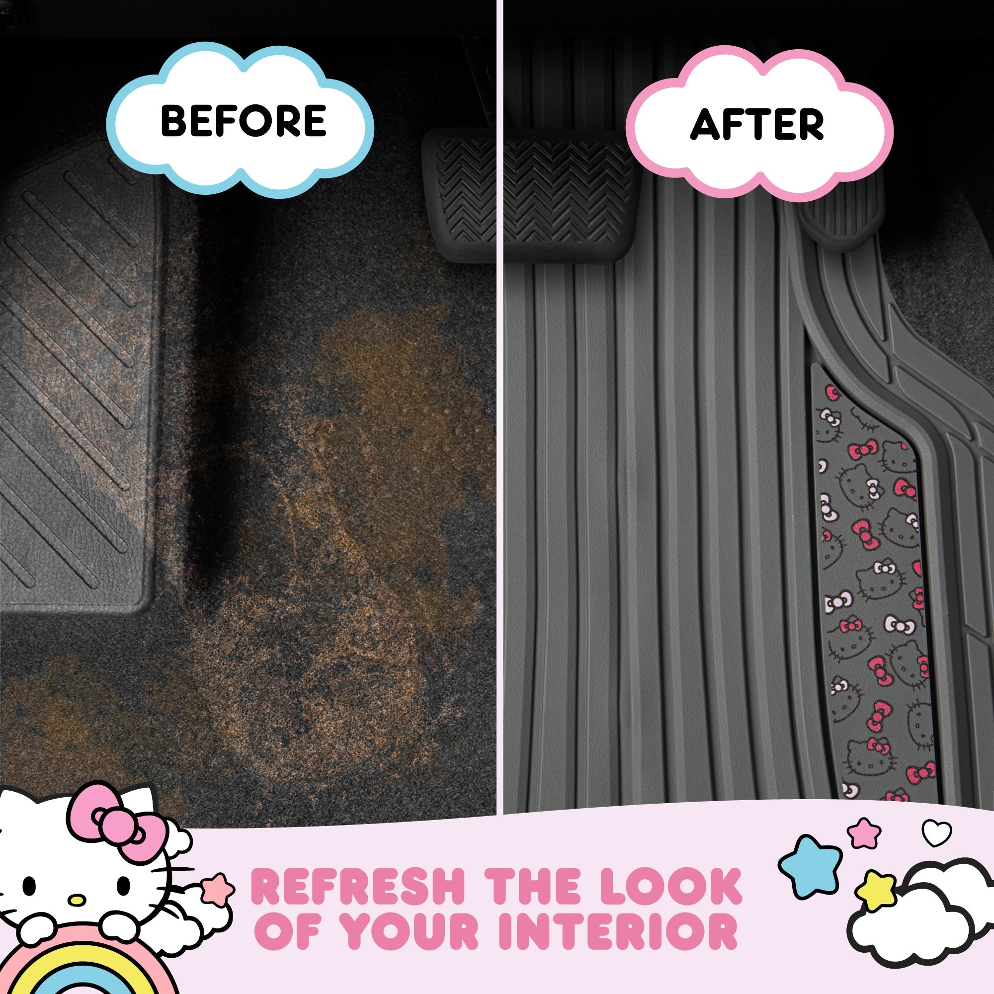Hello Kitty Car Mats 4pc Floor Mats for Cars Trucks SUVs Kawaii Car Floor Mats for Women Men Accessories Rubber Heavy Duty Cute Non-Slip Always Front Rear Hello Kitty Car Accessories Classic Gray with Pink Bows