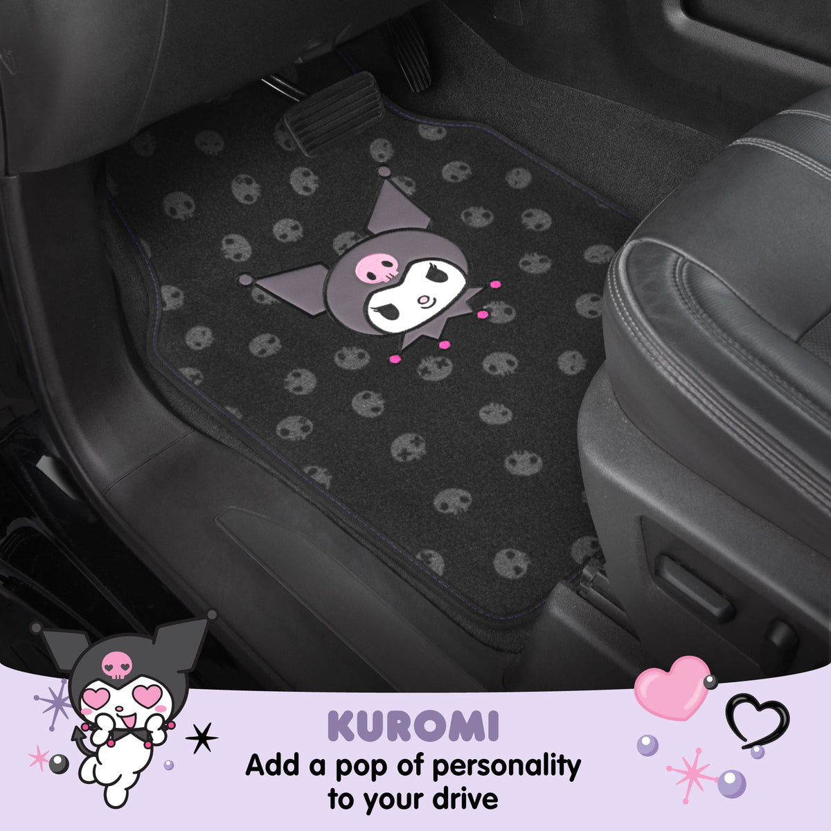 Kuromi Carpet Car Floor Mats - Universal Fit for Cars, SUVs & Trucks - Black with Kuromi Print & Purple, Pink Accents - Front & Rear Set, 4 Piece