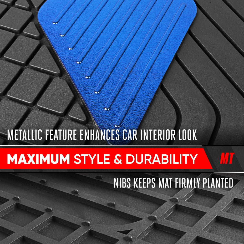 Motor Trend MetallicGuard Car Floor Mats Full Set - Durable Rubber Floor Mats with Blue Metallic Heel Pad, All-Weather Interior Protection for Front and Rear with Non-Slip Backing