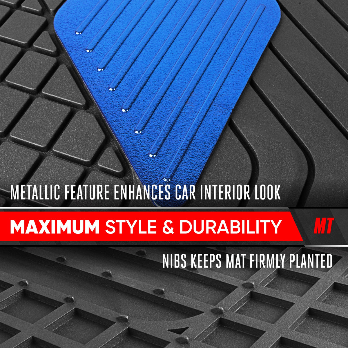 Motor Trend MetallicGuard Car Floor Mats Full Set - Durable Rubber Floor Mats with Blue Metallic Heel Pad, All-Weather Interior Protection for Front and Rear with Non-Slip Backing