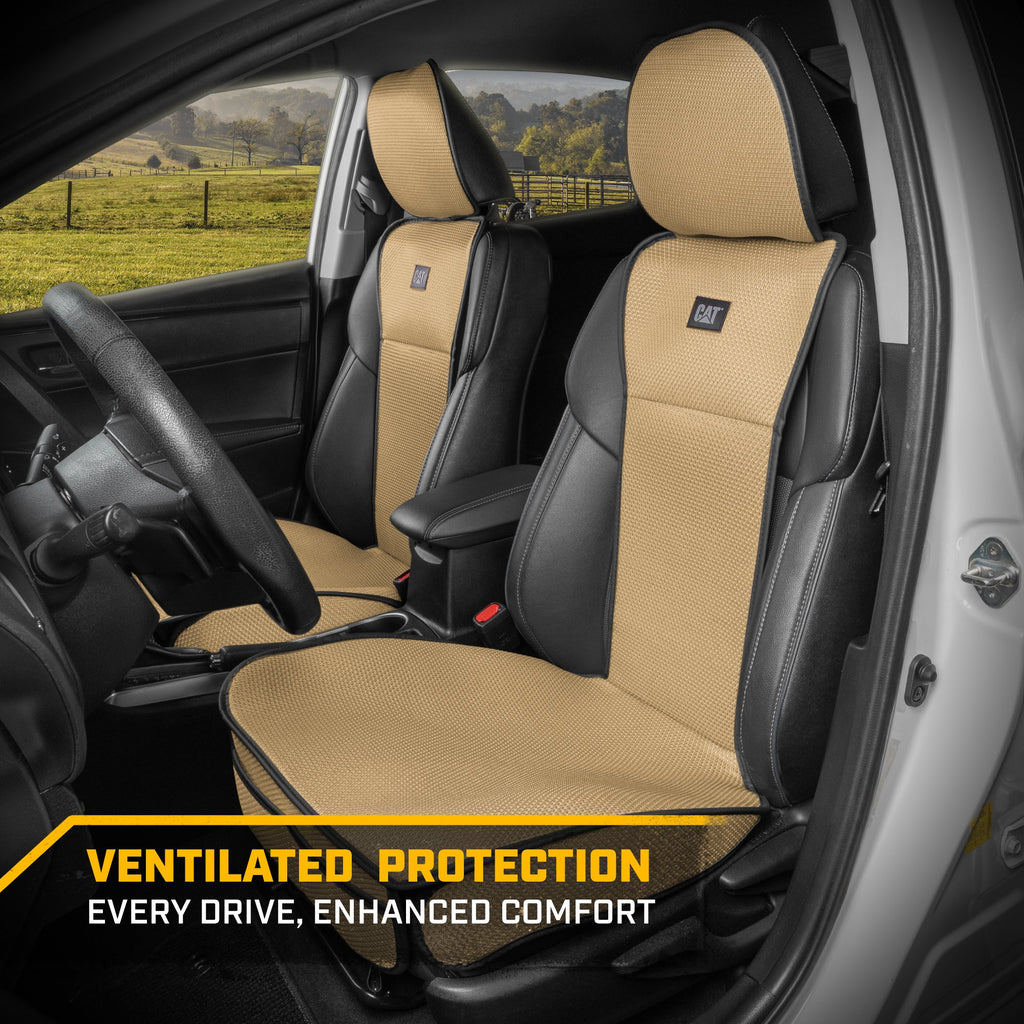 Caterpillar AeroMesh Beige Seat Covers for Trucks, Car, & SUV - (2) Front Truck Seat Cover Protector - Breathable Mesh Universal Fit Car Seat Covers - Automotive Seat Covers Top of Seat Protection