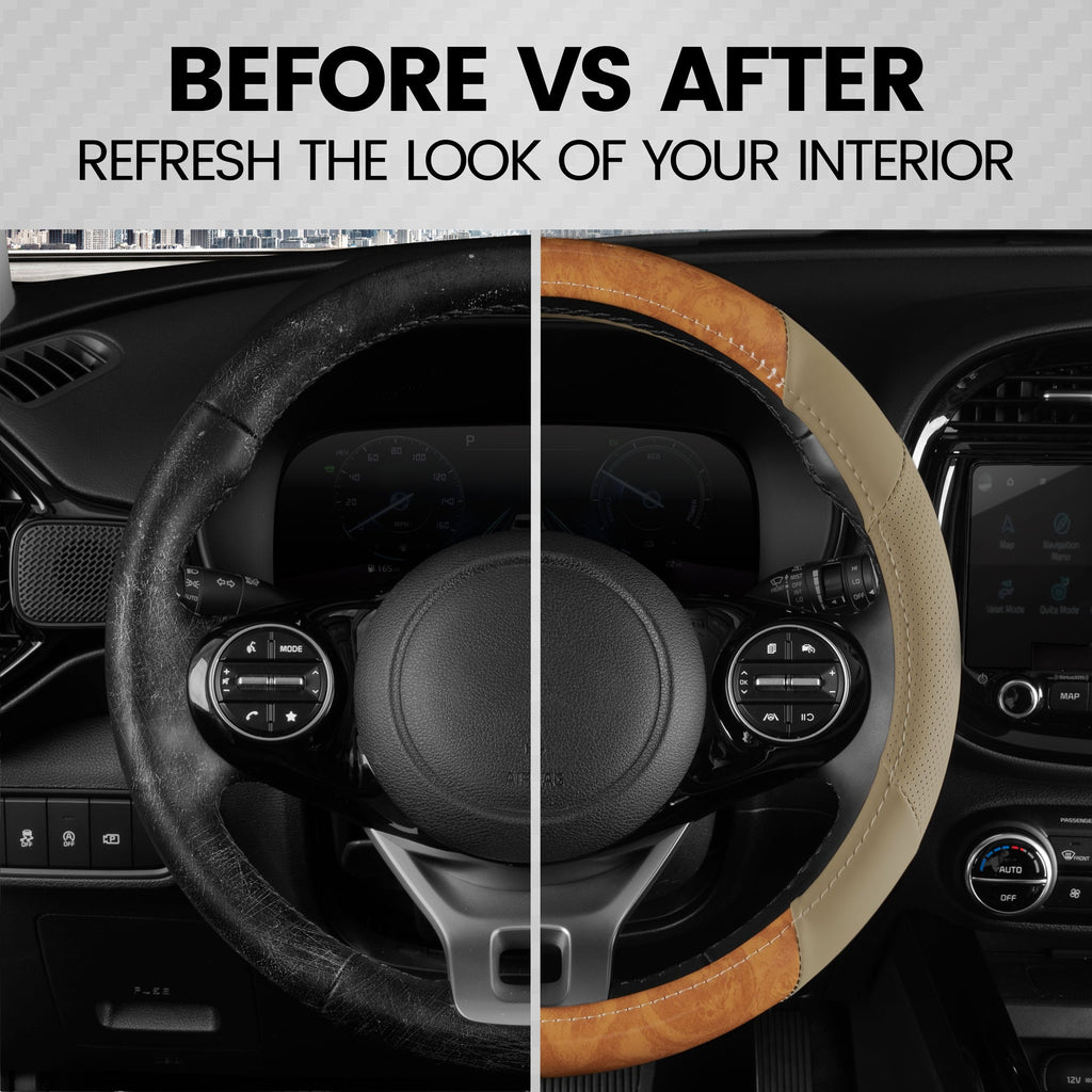 BDK Burlwood Pattern and Leatherette Sport Grip Steering Wheel Cover (Fits 14.5" - 15.5")