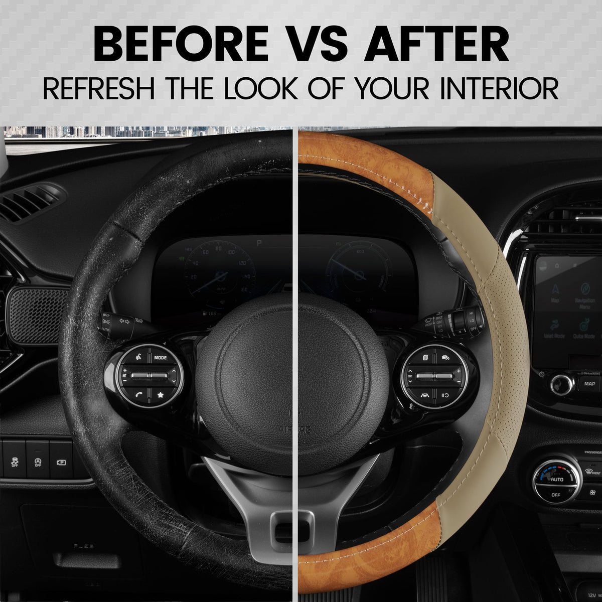BDK Burlwood Pattern and Leatherette Sport Grip Steering Wheel Cover (Fits 14.5" - 15.5")