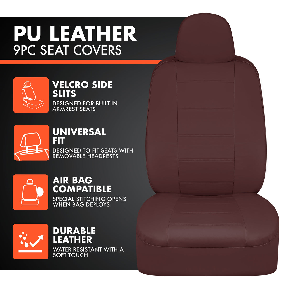BDK 9-Piece Burgundy Leather Car Seat Cover Full Set, Front Seat Cover and Rear Bench Seat Cover Universal Fit Car Seat Covers for Cars Trucks SUVs Vans, Complete Full Coverage Protection For Vehicles