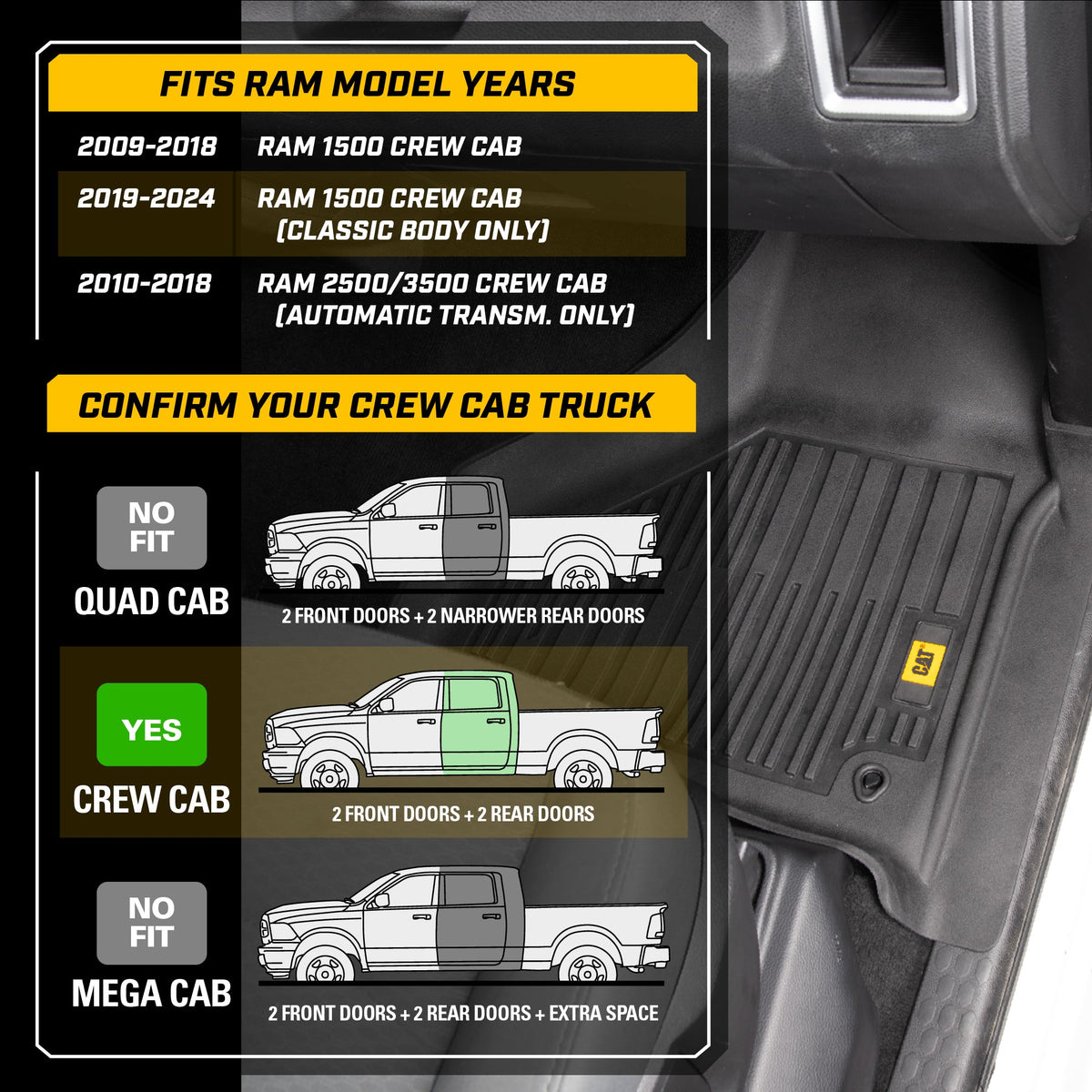 CAT 3-Piece JustFit 3D Front Floor Mats and Rear Floor Mats for Dodge Ram 1500 Crew Cab 2009-2018, Dodge Ram 2500/3500 Crew Cab 2010-2018, Dodge Ram Classic 2019-2024