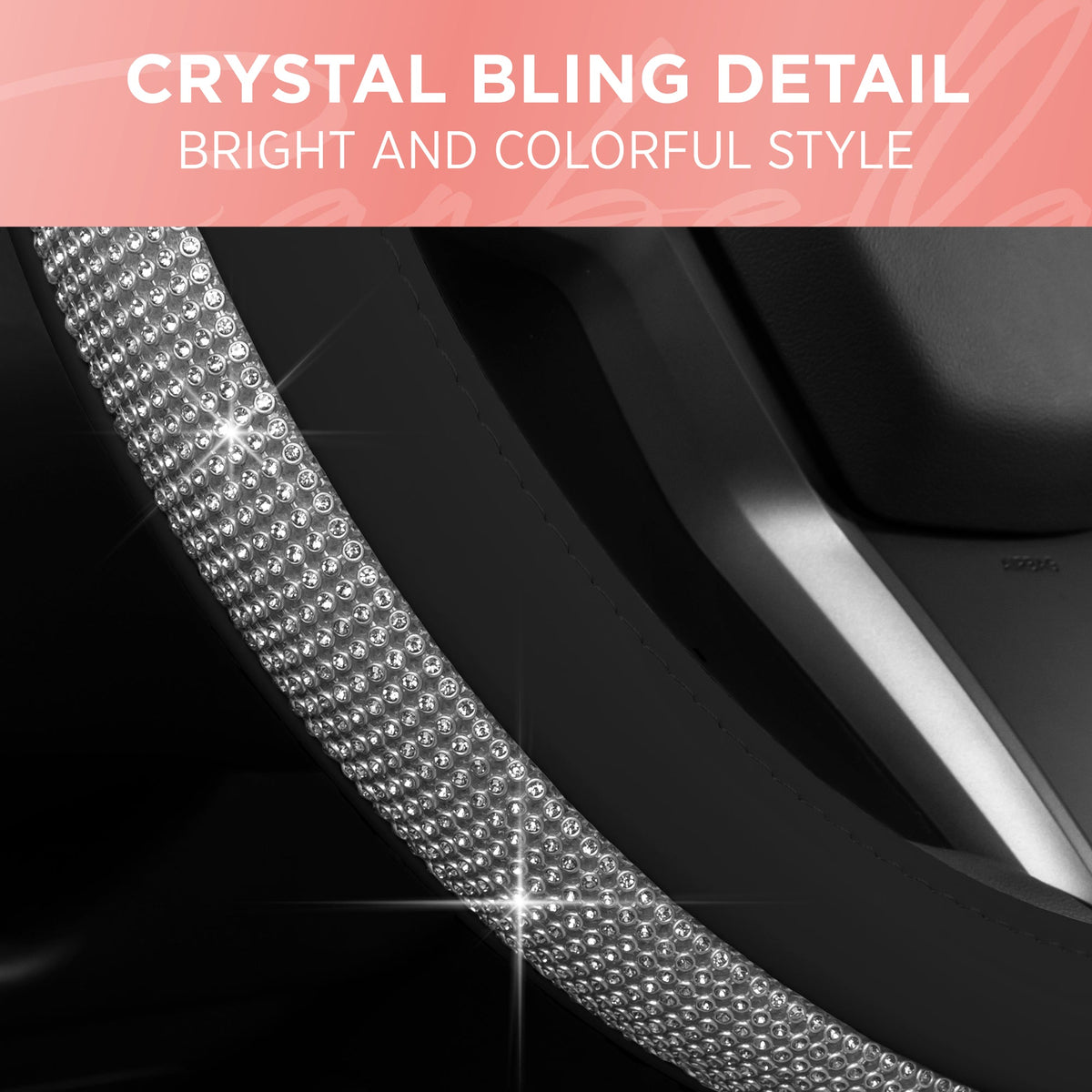 Bling Bling Glitter Diamond Leather Steering Wheel Cover with 9 Rows Crystal Rhinestones, Fits Wheels 14.5 - 15 inch for Women