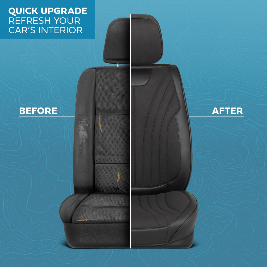 MotorBox Elite Edition Faux Leather & Suede Seat Covers for Cars, Trucks, & SUV - 2 Black Car Seat Covers for Front Seats - Universal Fit Car Accessories Automotive Interior Cover Protector for Cars