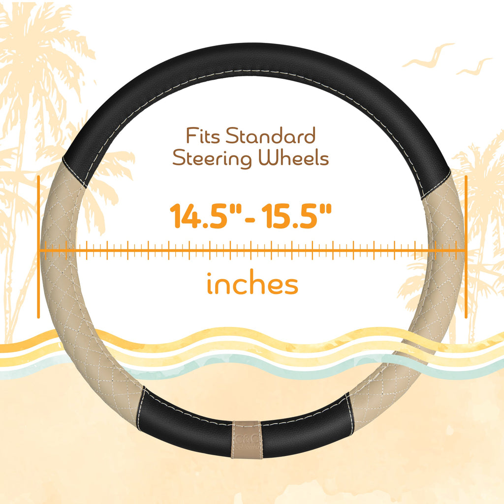C&C California Car Steering Wheel Cover Beige Diamond Quilt, Non Slip Leather Steering Wheel Cover for Women Men, Cute Comfortable Soft Easy Installation Universal Fit (Fits 14.5"-15.5" Inches)