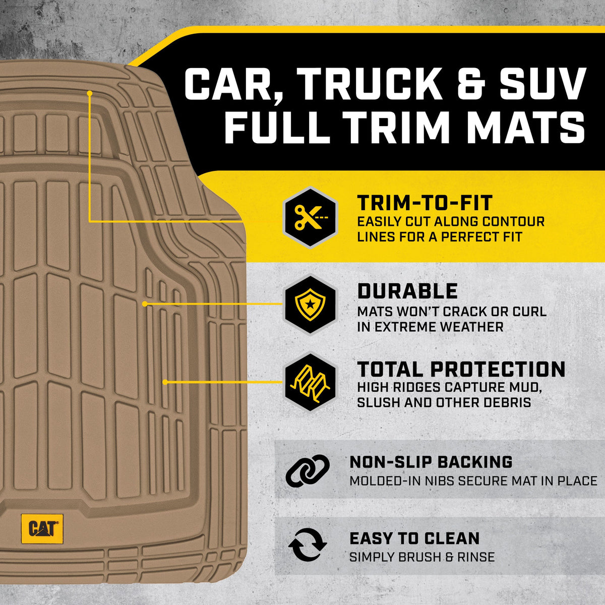 CAT 3-Piece ToughRide Rubber Front Floor Mats and Rear Floor Mats - Heavy Duty, All Weather, Trim to Fit