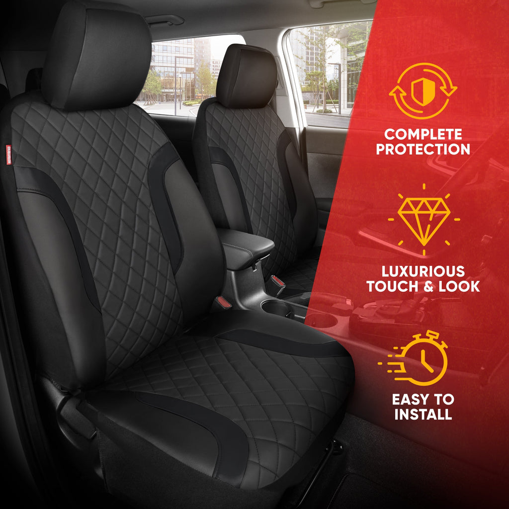 Motor Trend Faux Leather Seat Covers For Trucks, Cars, & SUV - Front Black Car Seat Cover Set - Universal Fit For Most Automotives - Forros Para Asientos De Carro - CarSeat Covers Accessories