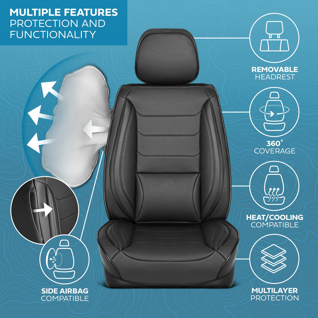 MotorBox Elite Edition Faux Leather Seat Covers for Cars, Trucks, & SUV - 2 Black Car Seat Covers for Front Seats - Universal Fit Car Accessories Automotive Interior Cover Protector for Most Vehicles