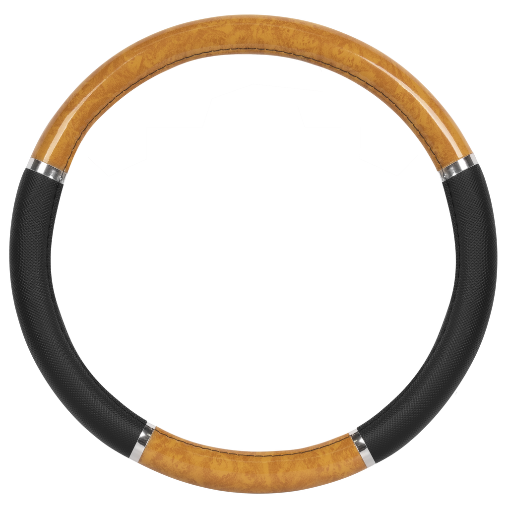 BDK Two-Tone Chrome Wood Grain Steering Wheel Cover (Fits 14.5" - 15.5")