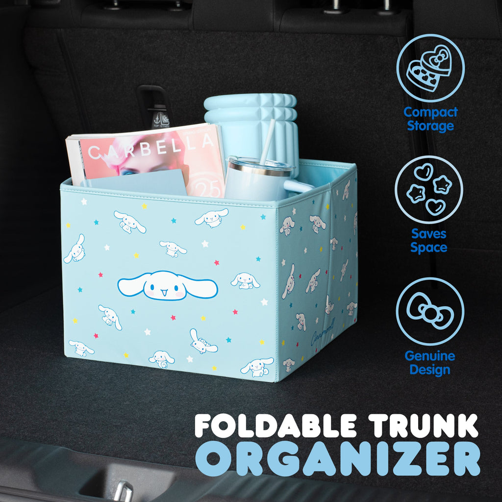 Sanrio Cinnamoroll Car Trunk Organizer and Storage Bin - Collapsible Compartment, Heavy Duty, Fold Up for Easy Storage, Automotive Seat Cargo for Groceries Tools - 12.5L x 12.5W x 9H