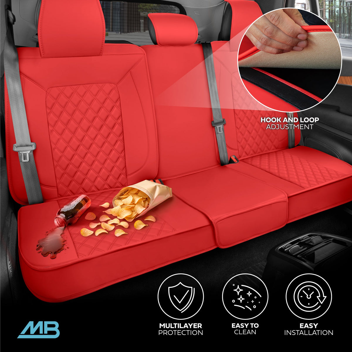 MotorBox Premium Napa Leather Rear Seat Cover – Semi Universal Fit for Most Cars, Truck & SUV – Red Back Seat Protector – Anti-Slip, Durable Bench Cover – Easy Install, Luxury Car Interior Upgrade
