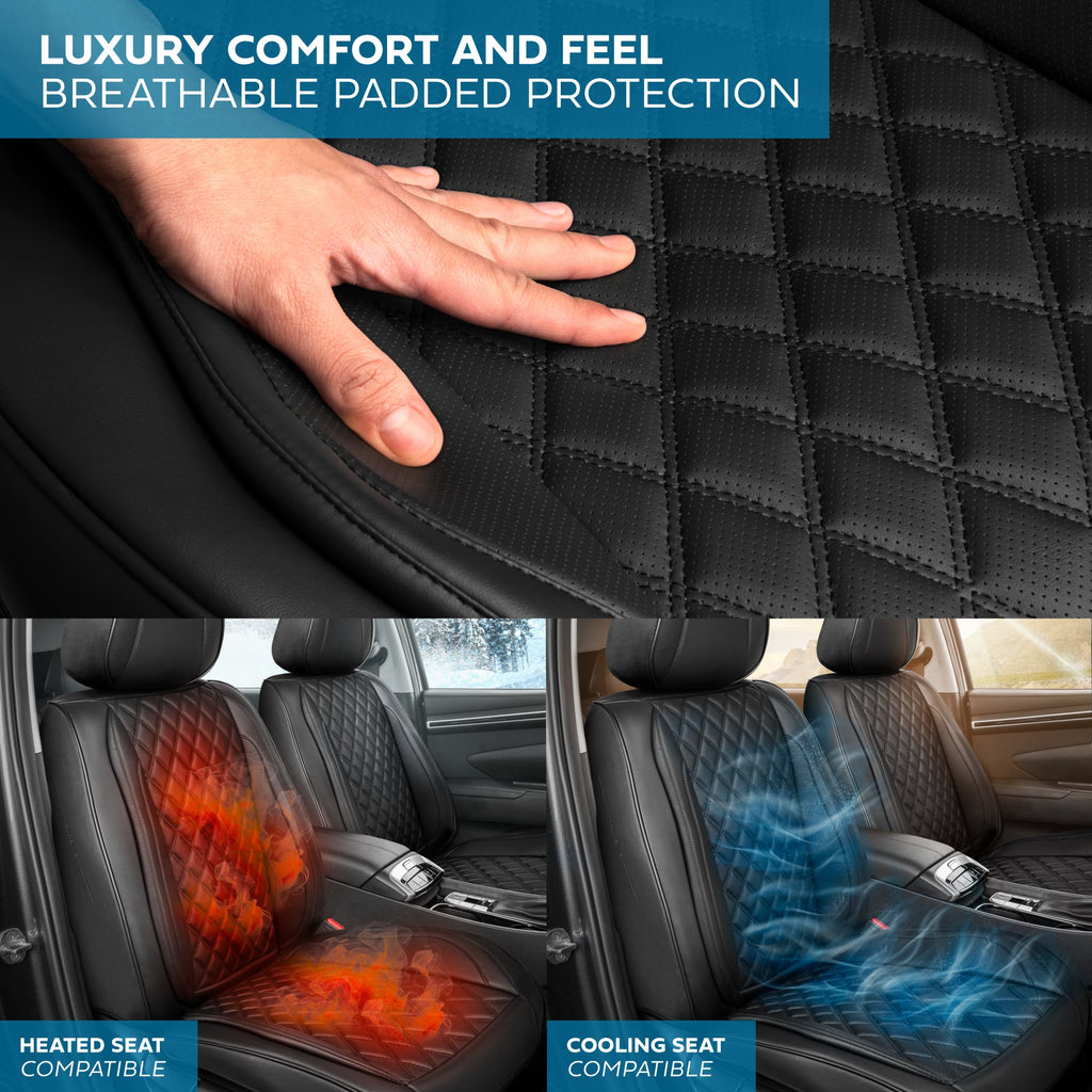 MotorBox Elite Edition Faux Leather Seat Covers for Cars, Trucks, & SUV - 2 Black Car Seat Covers for Front Seats - Universal Fit Car Accessories Automotive Interior Cover Protector for Most Vehicles