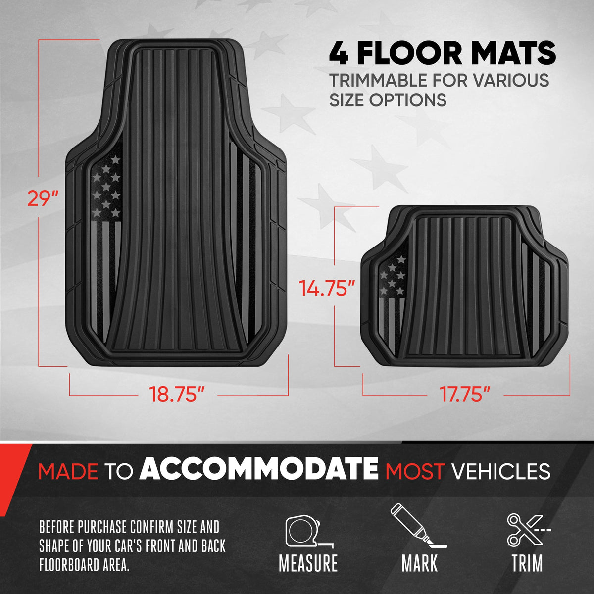Motor Trend Flag Floor Mats Full Set - Durable Black Rubber Car Floor Mats for Trucks Cars SUV with Two Tone Accent, All Weather Interior Protection for Front and Rear with Non-Slip Backing, Black Gloss - Flag Black/Gray