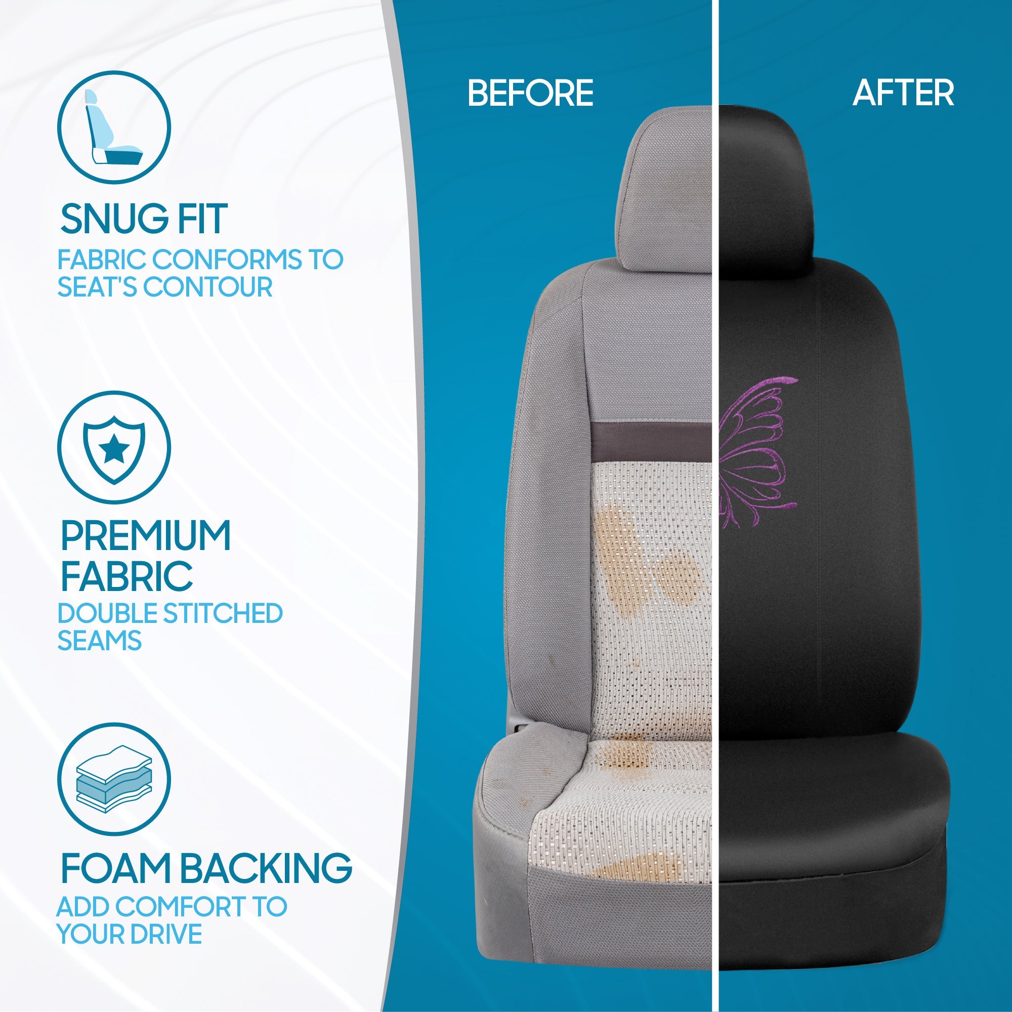 BDK 12-Piece Butterfly Front Seat Covers, Rear Seat Covers, Seat Belt Pads, and Steering Wheel Cover (Fits 14.5" - 15.5")