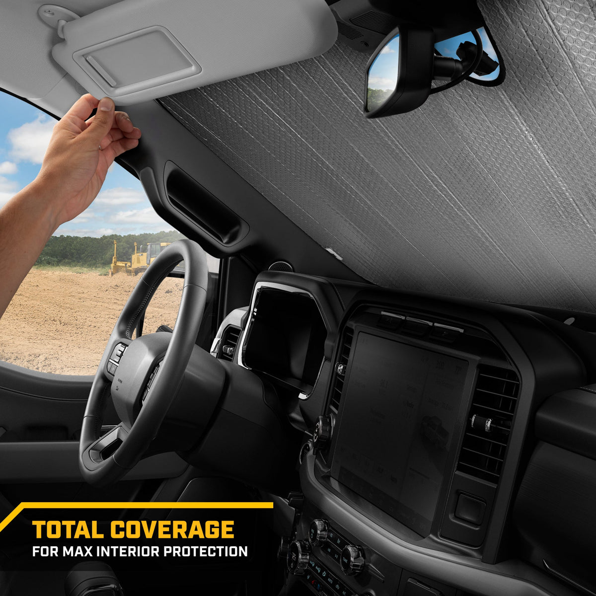 CAT Auto Shade for Cars & Trucks – Jumbo 65"x27" Accordion Folding Sunshade with Bold Yellow Tire Tracks Design – Heavy-Duty Windshield Cover for Maximum UV Protection & Interior Cooling