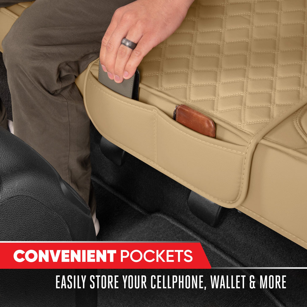 MotorTrend 3-Piece Diamond Stitched Padded Rear Seat Covers with Storage Pockets - Beige