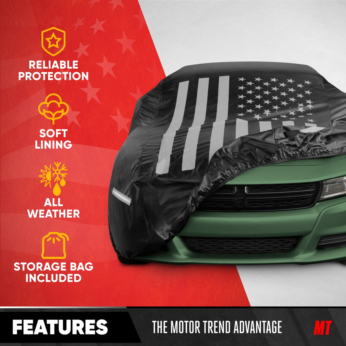 Motor Trend Black USA Flag Waterproof Car Cover - All Weather Outdoor Protection, UV Resistant, Windproof, Scratchproof - Semi-Universal Fit Sedan Full Car Cover for Sun Rain Snow (191"- 210" Length)