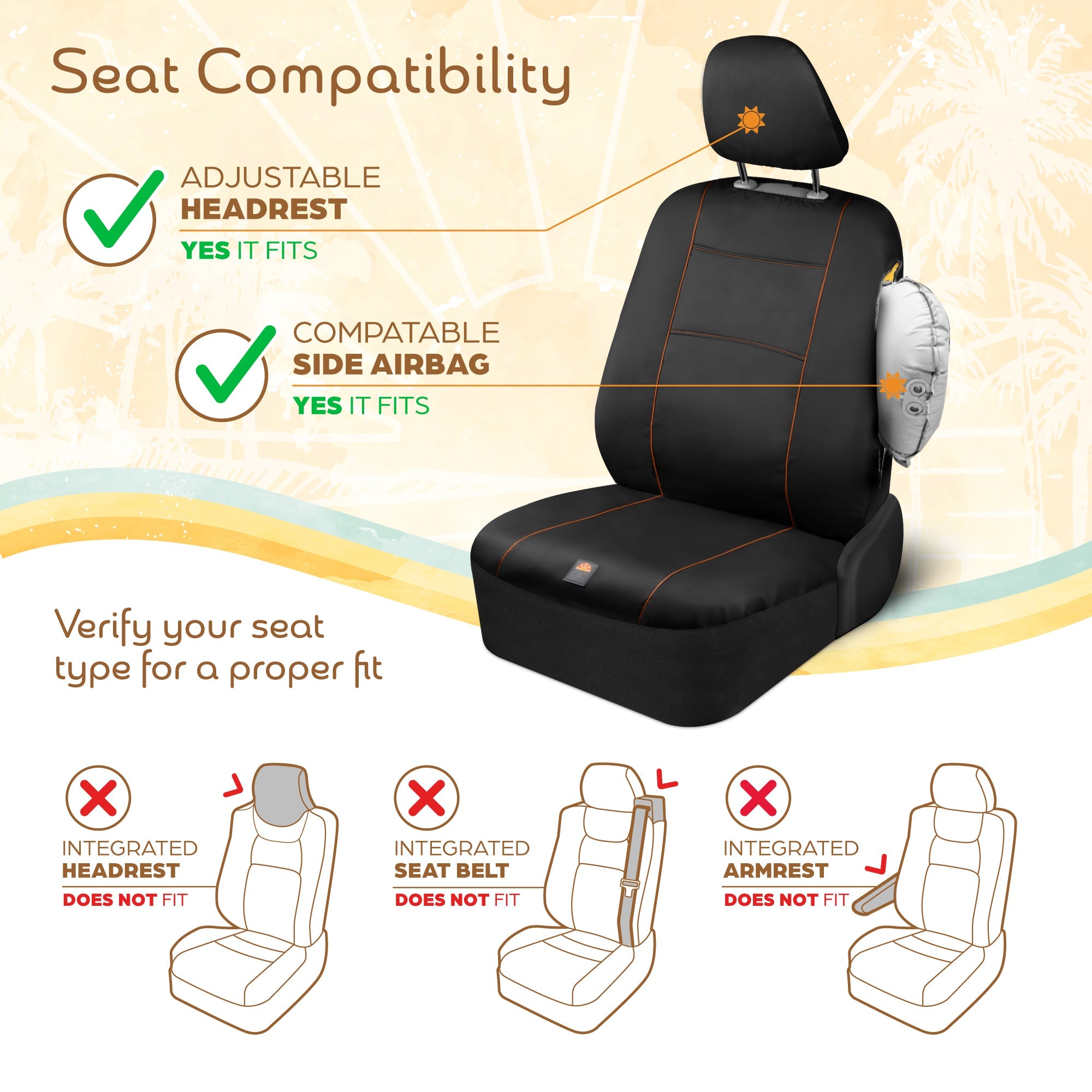 C&C Napa Leatherette 2 Front Seat Covers - Faux Leather Car Seat Protectors for Cars & Trucks - UV-Resistant, Easy to Clean, Universal Fit - Stylish Coastal Design for Summer Car Interior Upgrade