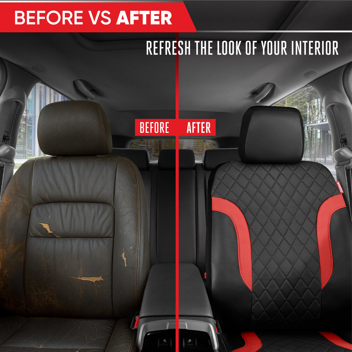 Motor Trend Faux Leather Seat Covers For Trucks, Cars, & SUV - Front Black & Red Car Seat Cover Set - Universal Fit For Most Automotives - Forros Para Asientos De Carro - CarSeat Covers Accessories