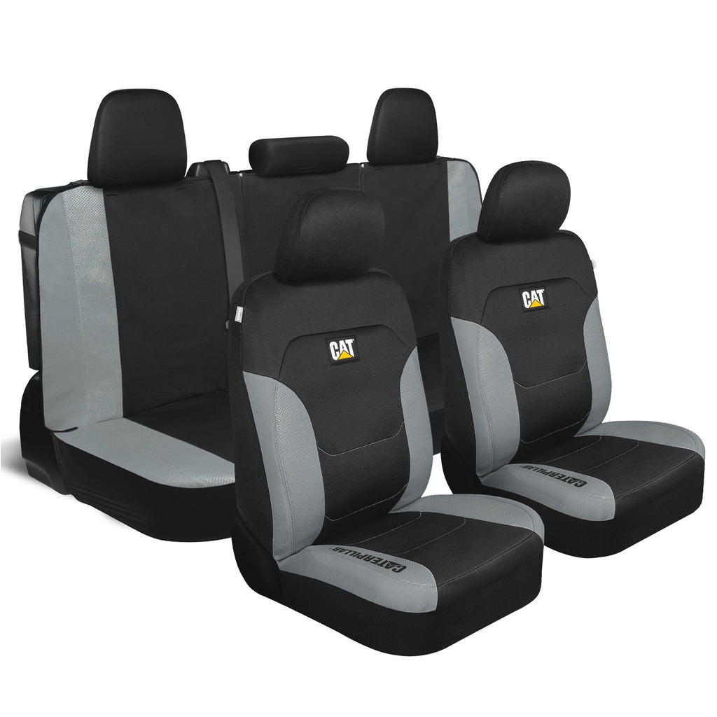 CAT Black & Gray Car Seat Covers Full Set – Front Seat Covers & Rear Bench Seat Cover – Airbag Compatible, 60/40 Split Bench for Trucks, Cars & SUVs – Automotive Interior Seat Protection Accessories --Alias 639034929689400484