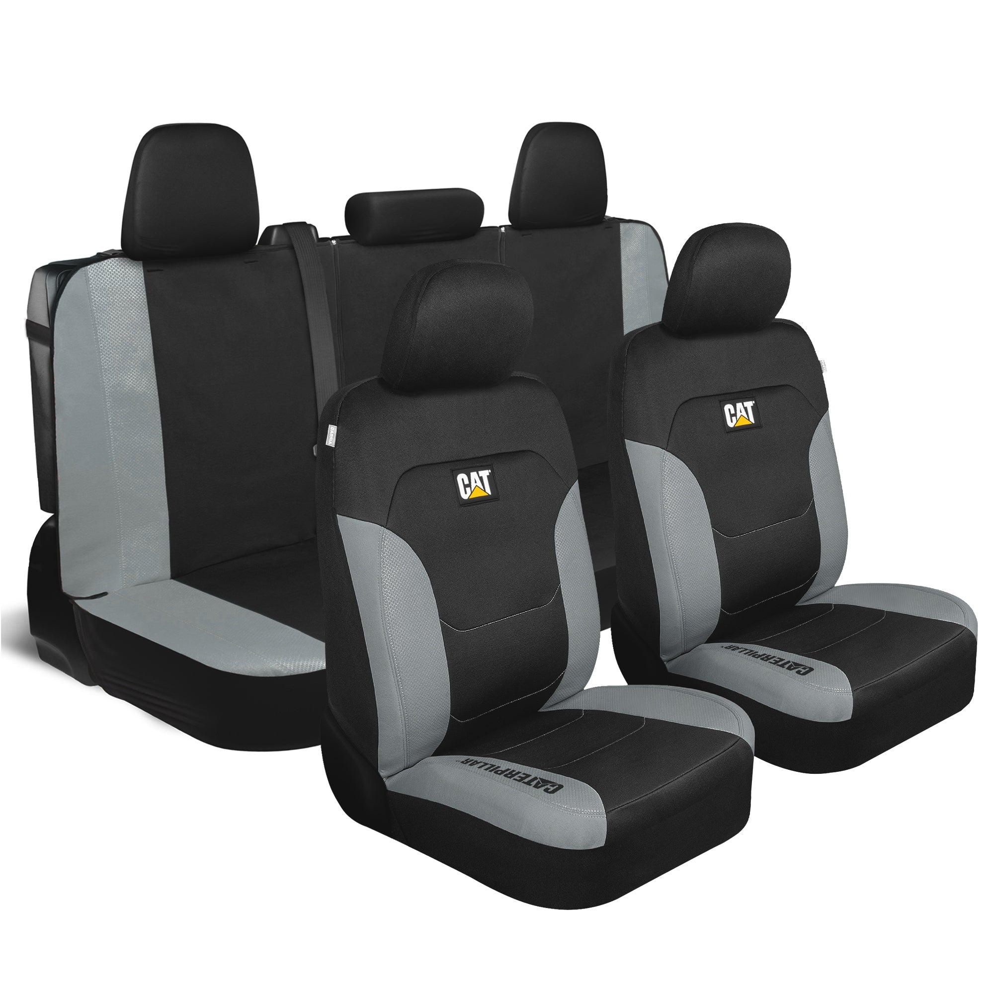 CAT Black & Gray Car Seat Covers Full Set – Front Seat Covers & Rear Bench Seat Cover – Airbag Compatible, 60/40 Split Bench for Trucks, Cars & SUVs – Automotive Interior Seat Protection Accessories --Alias 639034929689400484