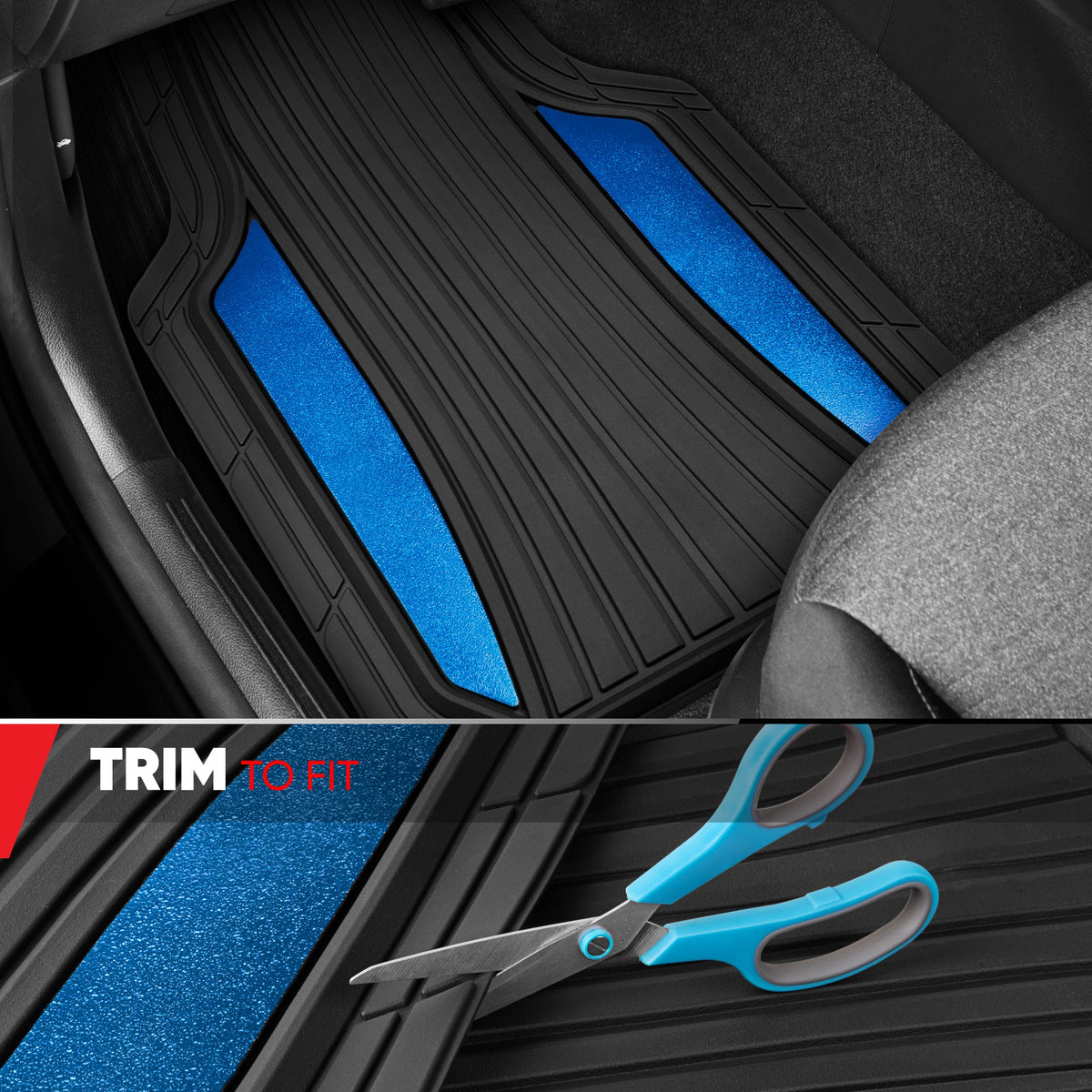 Motor Trend ChromeTech Car Floor Mats Full Set - Durable Rubber Floor Mats for Cars with Two Tone Accent, All Weather Interior Protection for Front and Rear with Non-Slip Backing, Black/Blue