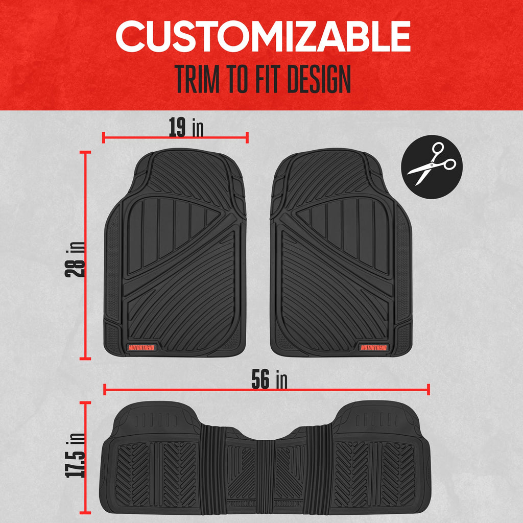 MotorTrend 3-Piece FlexTough Performance Deep Channel Front Floor Mats and Rear Floor Mat - Heavy Duty, All Weather, Trim to Fit