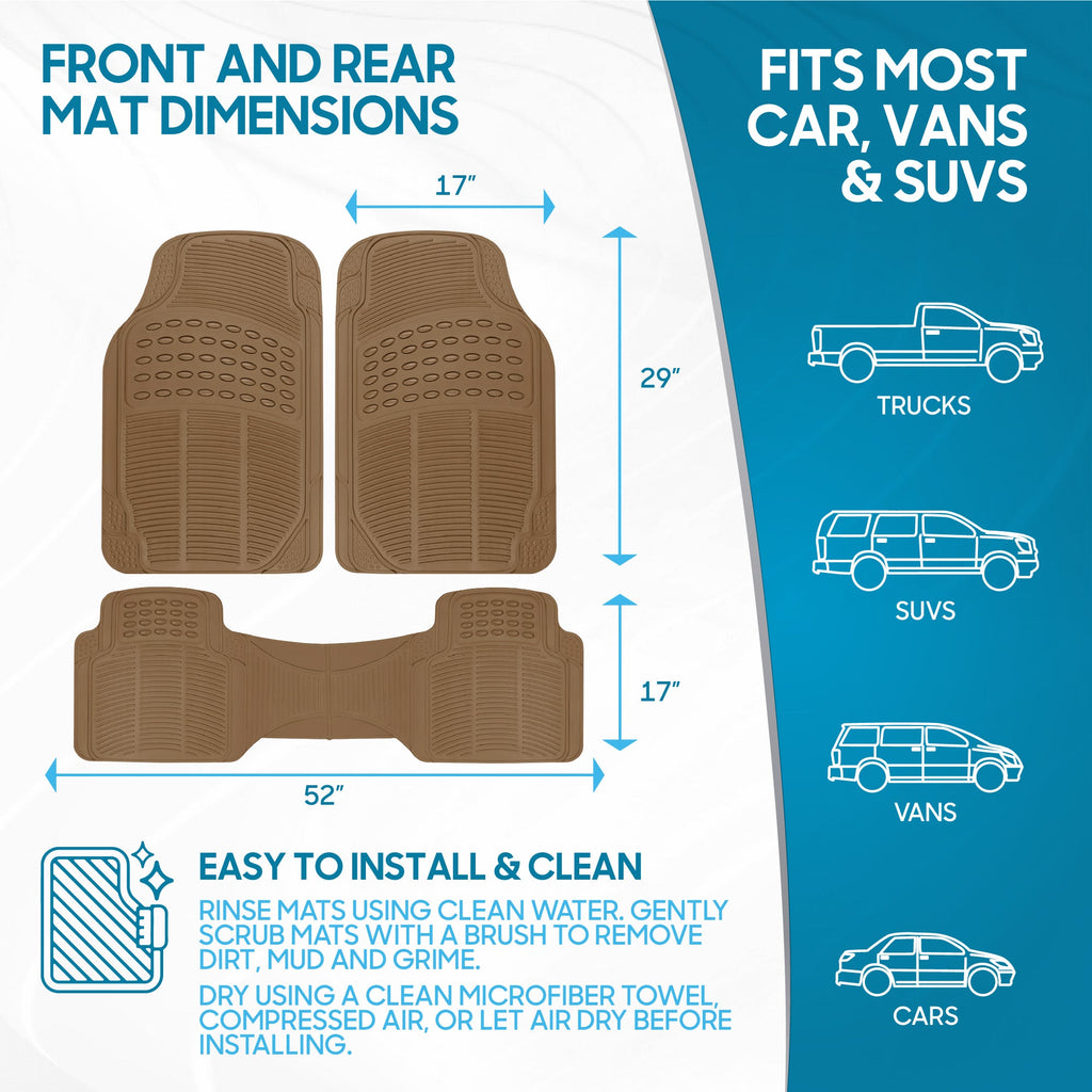 BDK 3-Piece ProLiner Front Floor Mats and Rear Floor Mats - Heavy Duty, All Weather, Trim to Fit