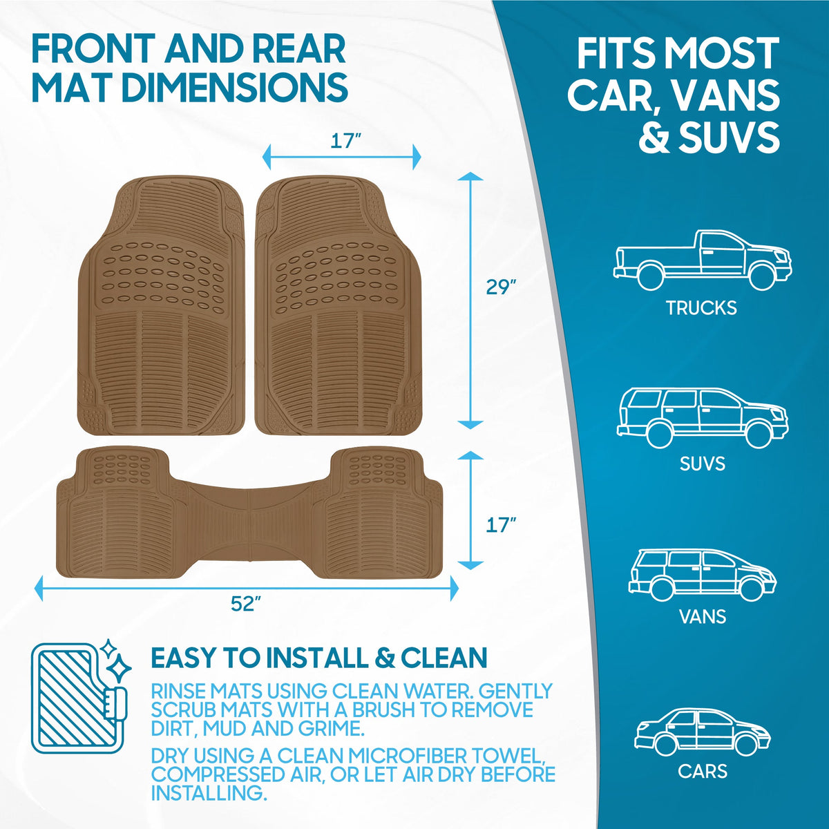 BDK 3-Piece ProLiner Front Floor Mats and Rear Floor Mats - Heavy Duty, All Weather, Trim to Fit