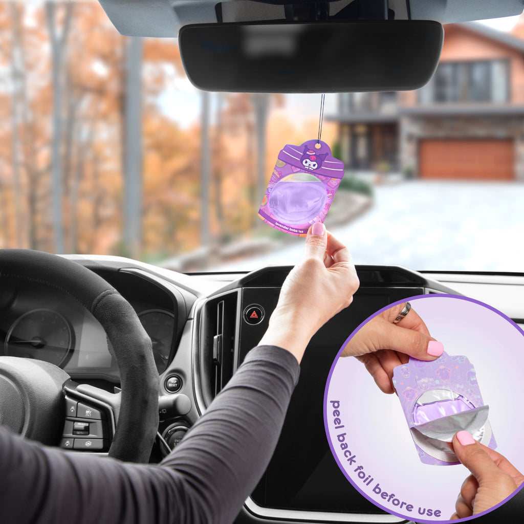 Hello Kitty and Friends Car Air Freshener (Kuromi - Lavender Boba Tea) Hanging Gel Area Deodorizer, Long-Lasting Car Scents Air Freshener, Cute Automotive Sanrio Accessories Decor, 2-Pack