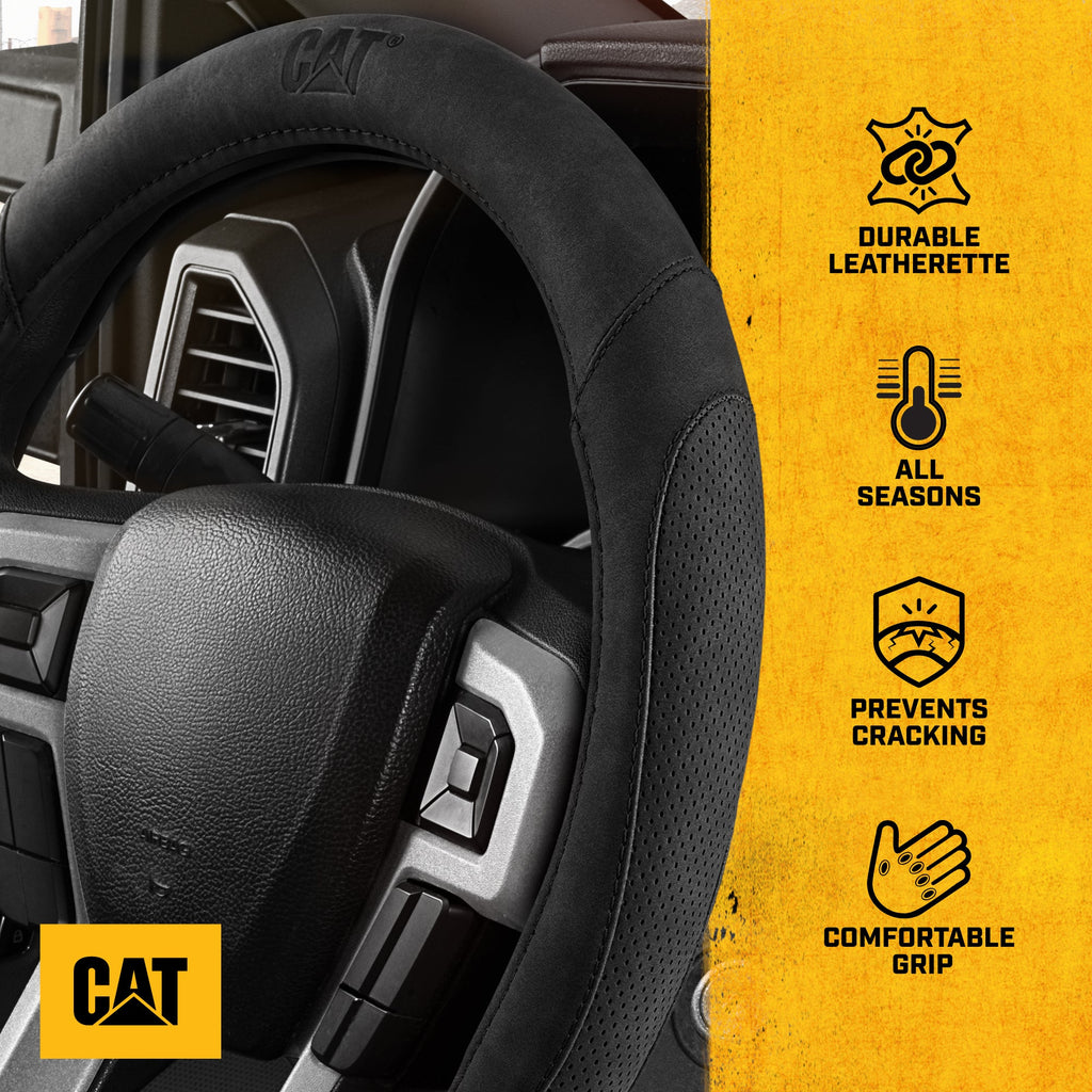 Cat® Honor Line Flux Leather Steering Wheel Cover w Metal Flag Emblem, Black Leatherette, Standard 14.5–15.5 Inch, Non Slip Comfort, Car Steering Wheel Cover for Auto Truck SUV, Car Accessories