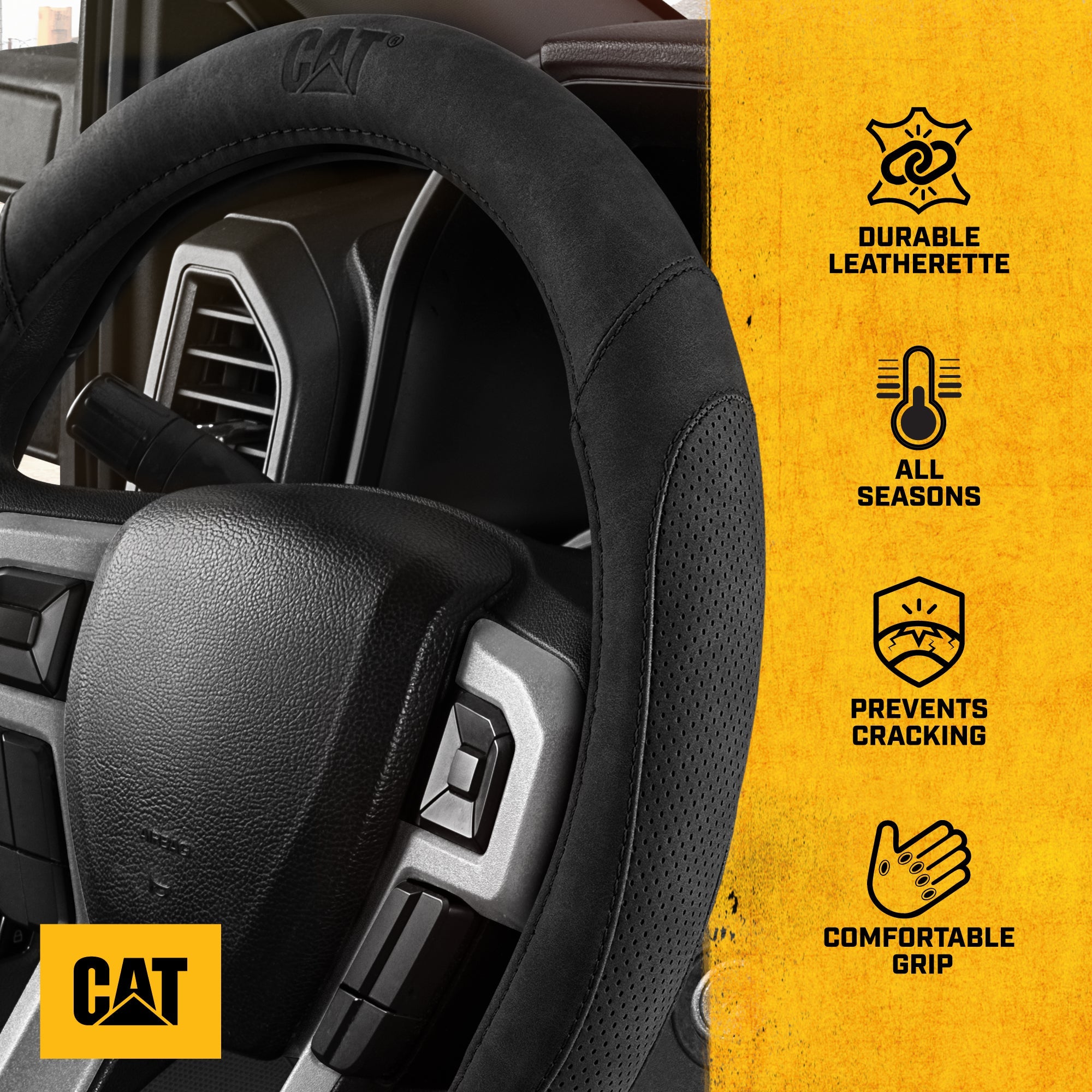 Cat® Honor Line Flux Leather Steering Wheel Cover w Metal Flag Emblem, Black Leatherette, Standard 14.5–15.5 Inch, Non Slip Comfort, Car Steering Wheel Cover for Auto Truck SUV, Car Accessories
