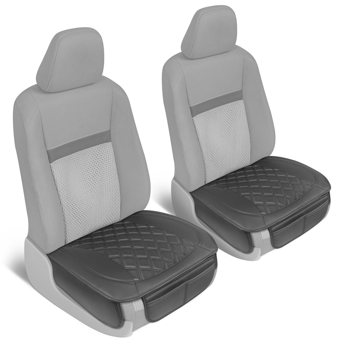 MotorTrend 2-Pack Padded Faux Leather Diamond Stitched Seat Covers with Front Storage Pockets - Black