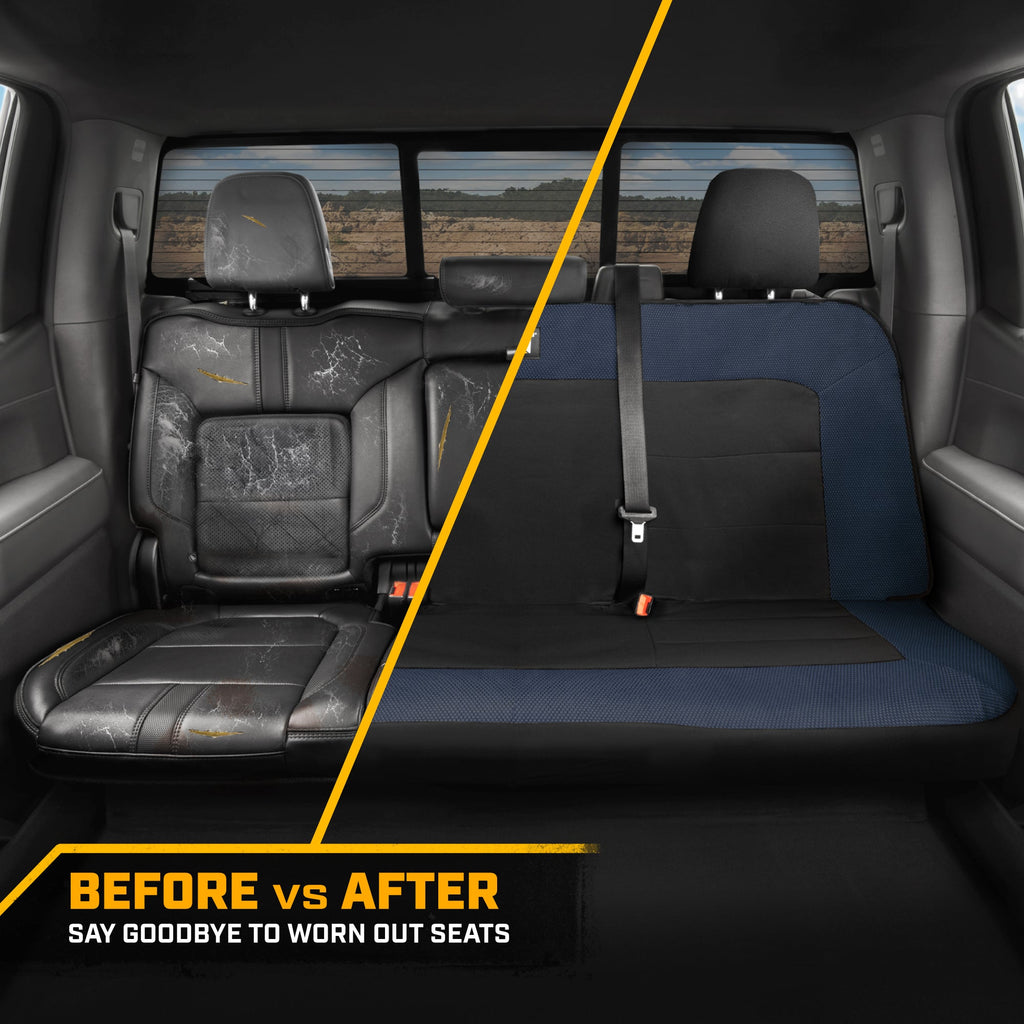 Cat Flexfit Blue & Black Rear Seat Cover for Car - Durable Canvas & Mesh Design 60/40 Split Bench Protector for Cars, Trucks & SUVs - Back Seat Cover for Rear Bench - Interior Car Accessory