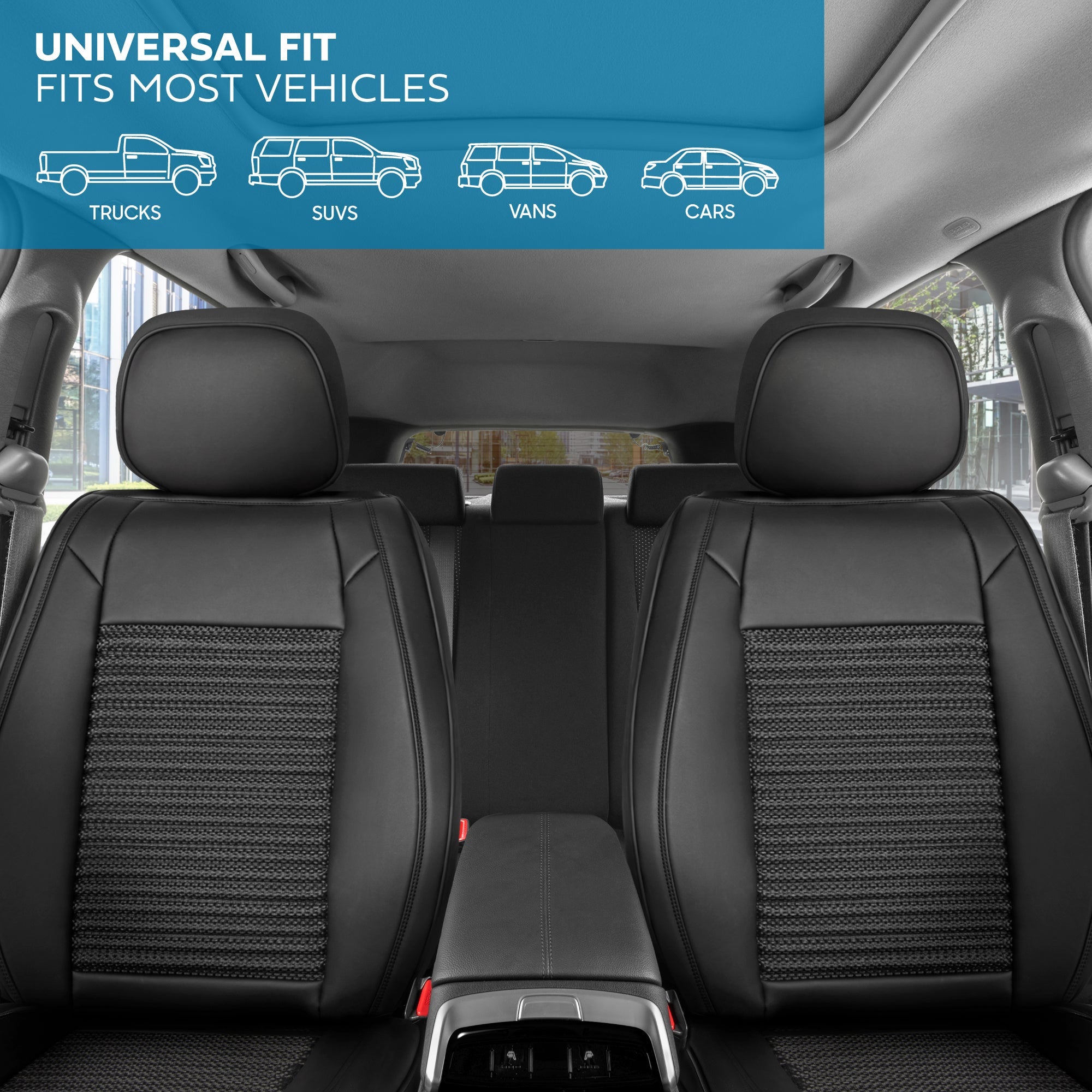 MotorBox Elite Edition Faux Leather & All Weather Wicker Seat Covers for Cars, Trucks, & SUV - 2 Black Car Seat Covers for Front Seats - Universal Fit Car Accessories Automotive Interior Protector
